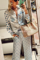 Stylized Dragon Satin Unique Print Long Sleeve Loose Shirt and Elastic Waist Pants Set Nav Image 3