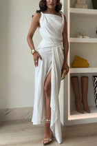 Sculptural Effect Linen Blend Twisted Shoulder Strap Drape Maxi Dress Nav Image 9