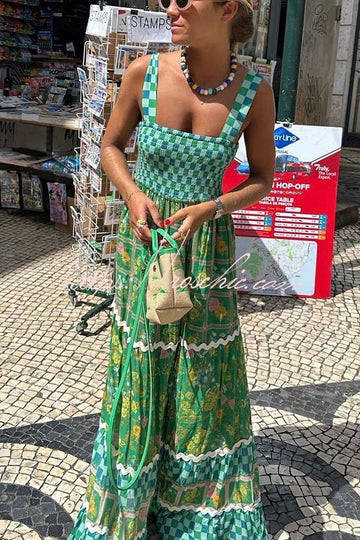 Yolanda Ric Rac Trims Unique Print Smocked Bust Back Lace-up Maxi Dress Image 1
