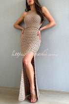 Smiles and Sunshine Knit Texture Hollow Tank Slit Stretch Maxi Dress Nav Image 6