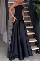 Timeless Elegance Satin Patchwork Strapless Flare Gown Maxi Dress Nav Image 20