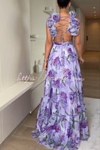 Whimsy Grace Tulle Floral Ruffle Detail Back Lace-up Pleated Maxi Dress Nav Image 12