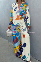 Stunning Art Print Buttoned Wide Leg Pant Suit Nav Image 1