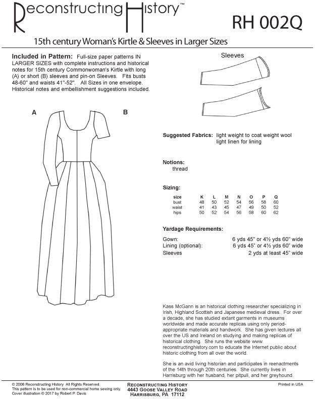 RH002 — 15th century Women's Kirtle & Sleeves sewing pattern ...