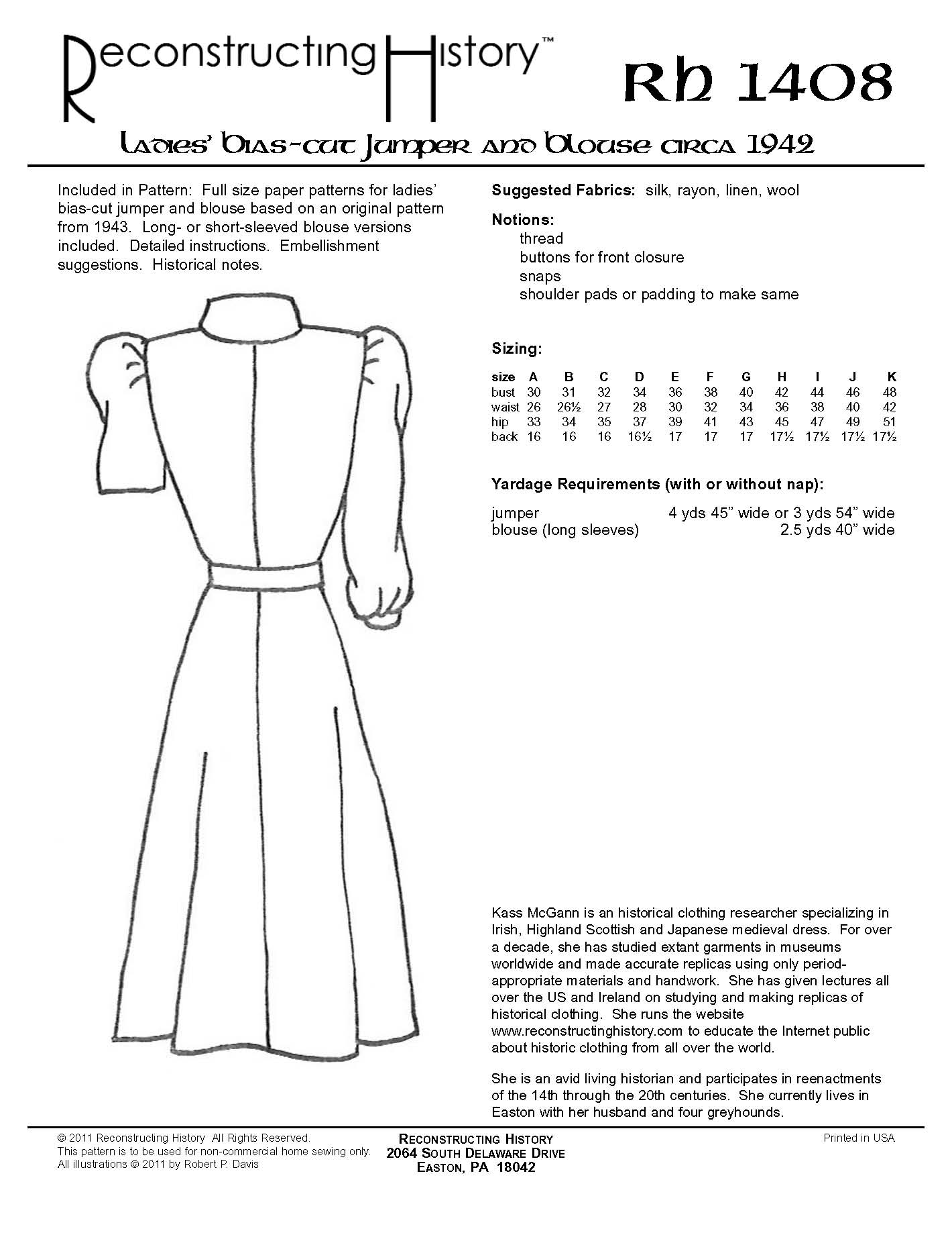 RH1408 — 1942 Ladies' Bias-Cut Jumper and Blouse sewing pattern ...