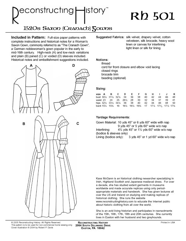 RH501 — Saxon (Cranach) Gown sewing pattern – Reconstructing History