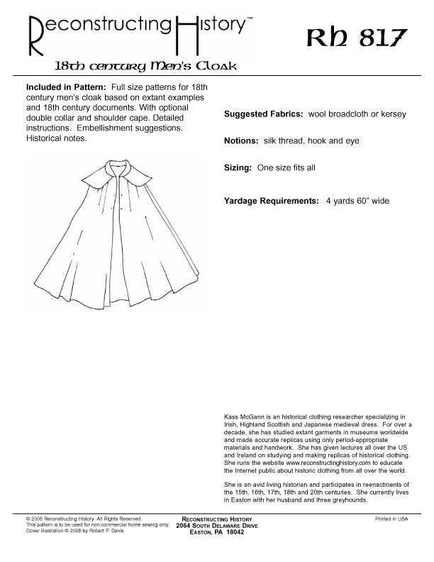 RH817 — 18th century Men's Cloak sewing pattern – Reconstructing History