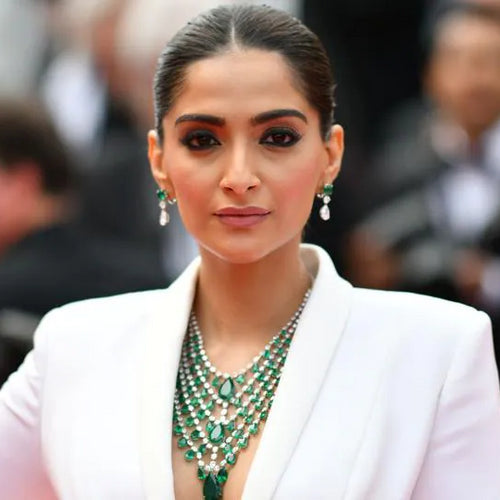 Sonam Kapoor wearing green emerlad layered necklace & earrings