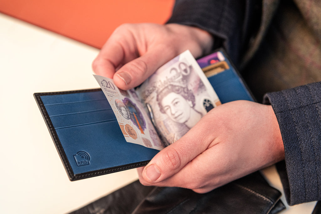 leather wallet with money clip, black with cobalt