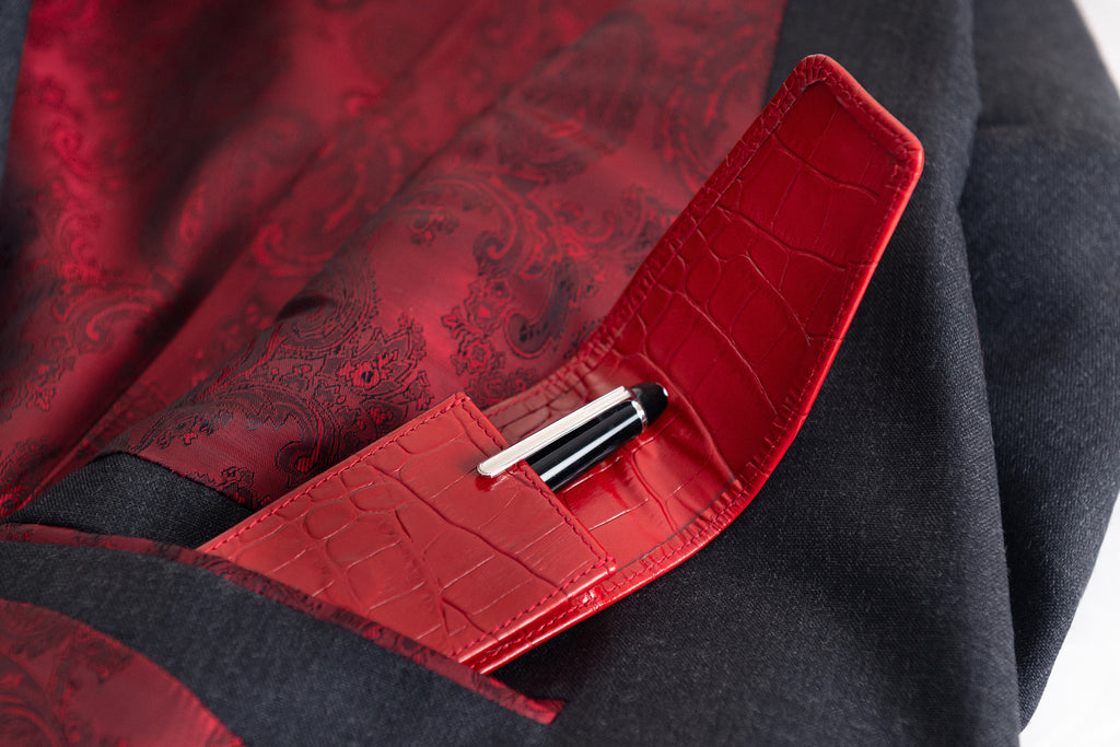 Leather pen holder, red croc