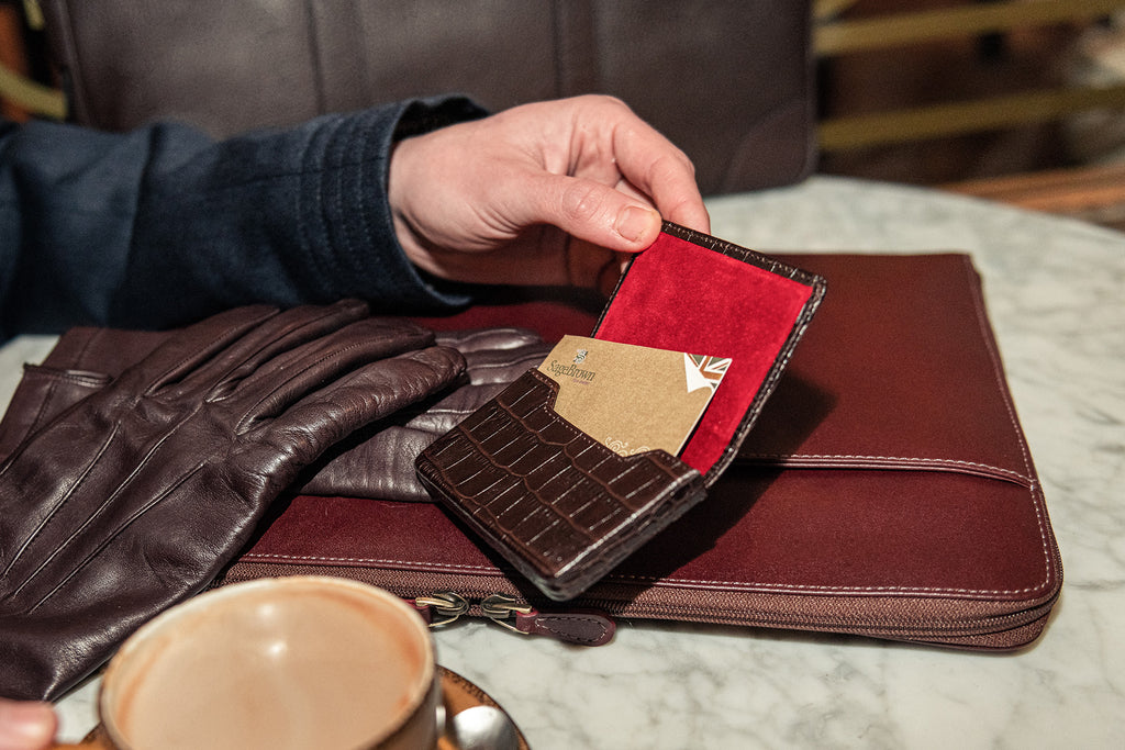 Leather business card holder, brown croc