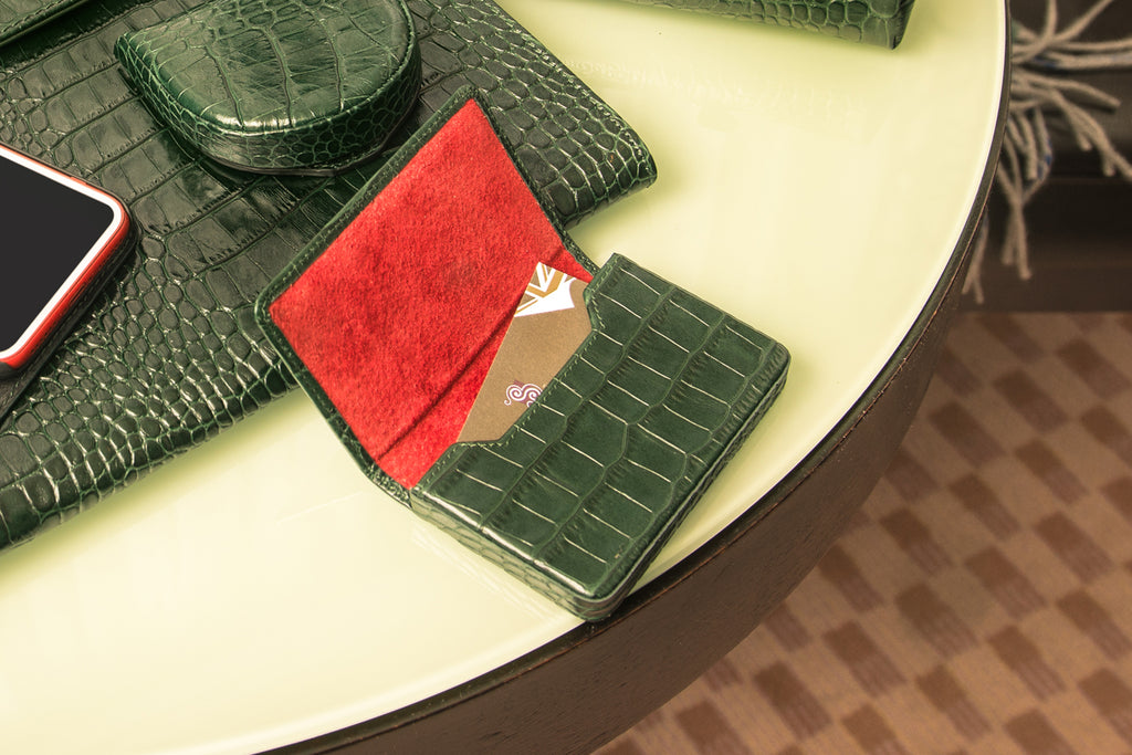 Leather business card holder, green croc