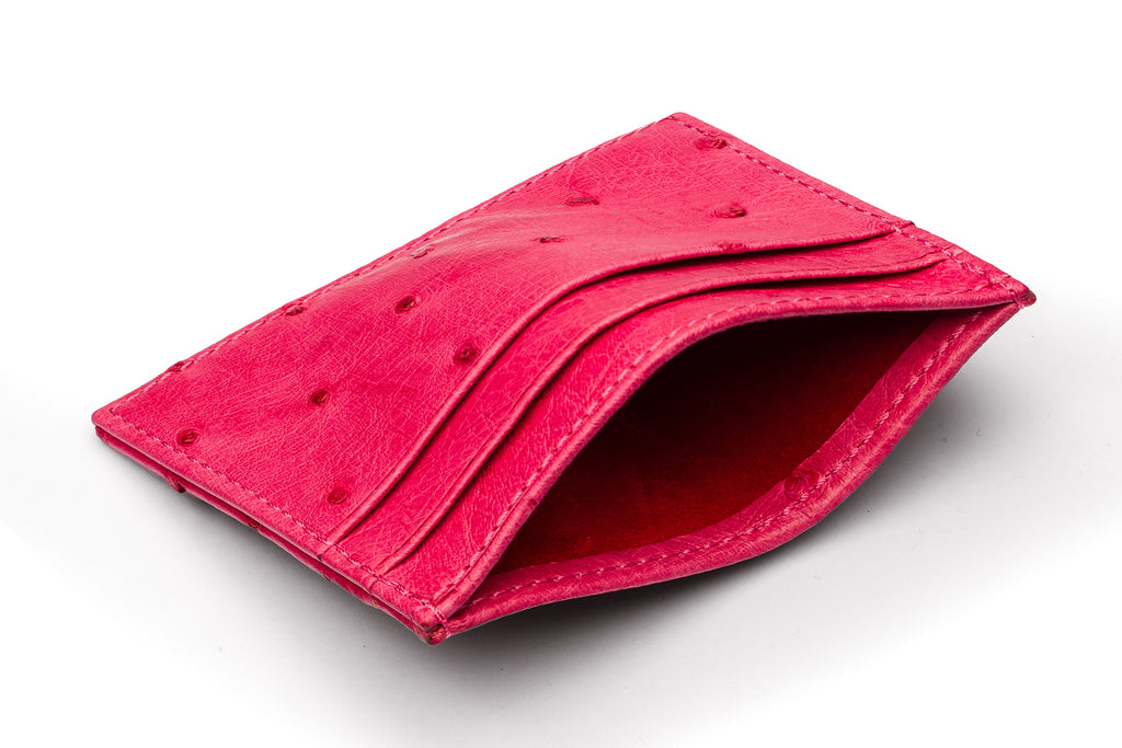 Ostrich leather card case, pink croc