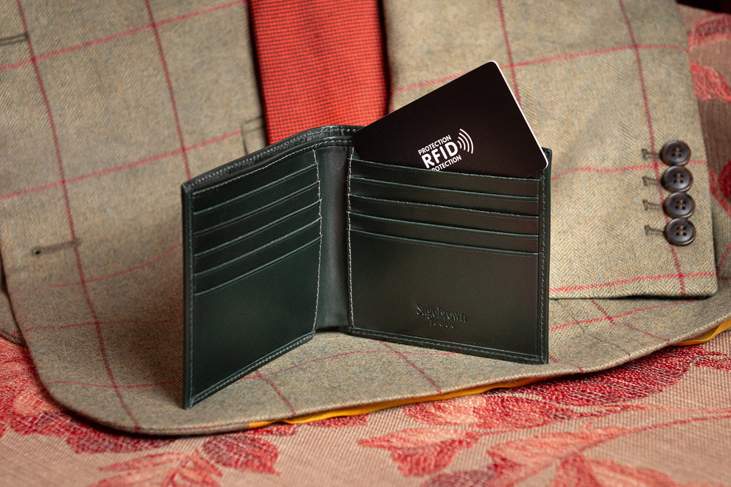 RFID leather wallet, green bridle hide