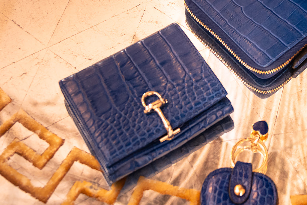 leather purse with equestrain clasp, cobalt croc