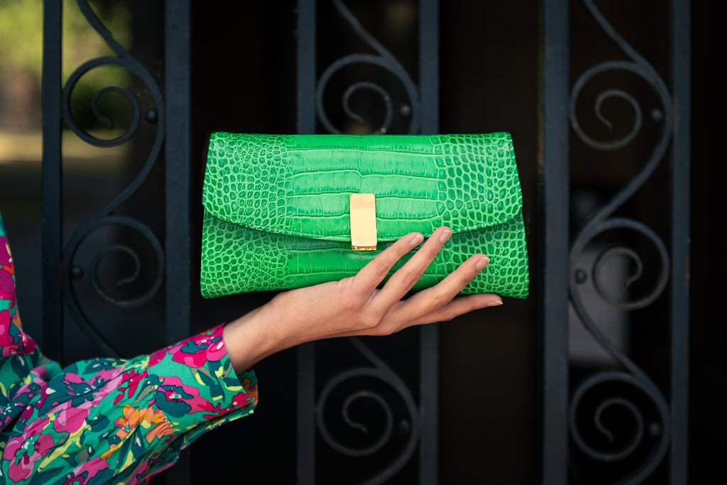 Leather clutch bag, emerald green croc