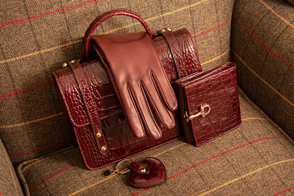 Mini top handle bag with matching accessories, burgundy croc