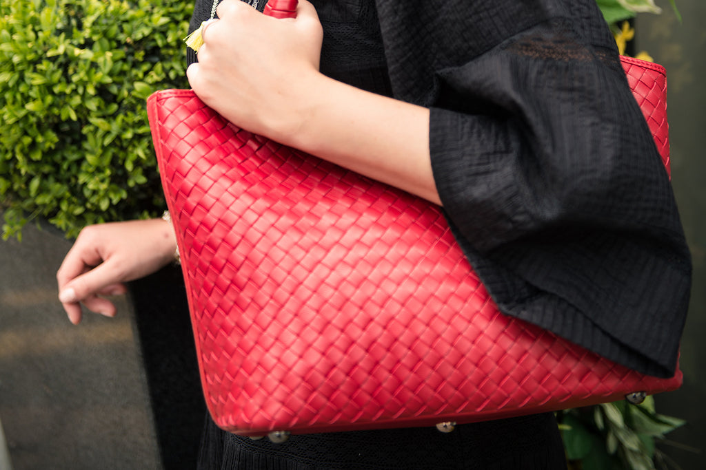 Wovel leather handbag, red