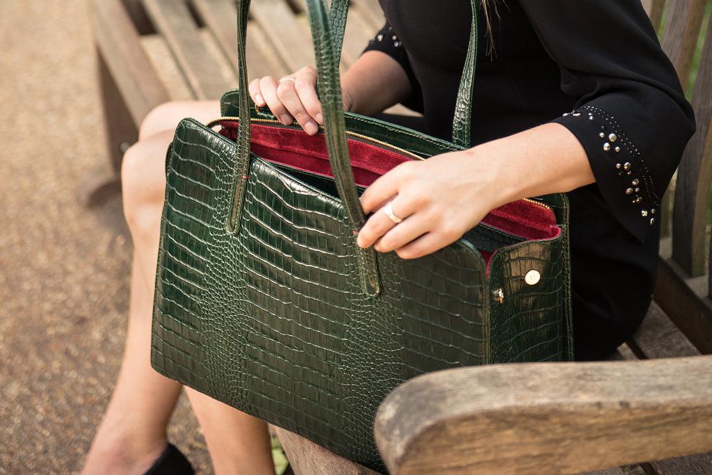 Women's leather workbag, green croc