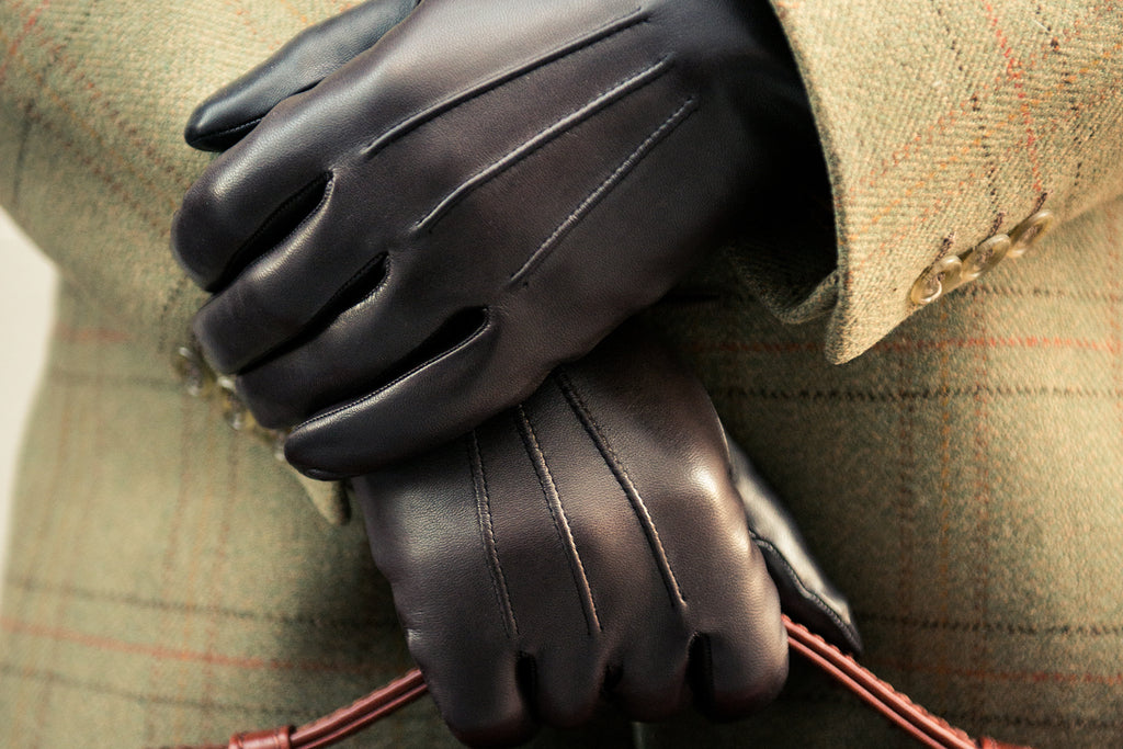 Men's leather fur lined gloves, black