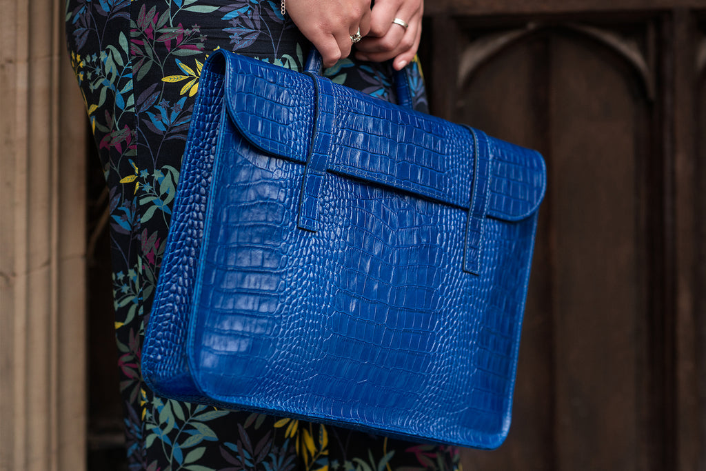 Women Blue Croc-Skin Patterned Small Tote Bag