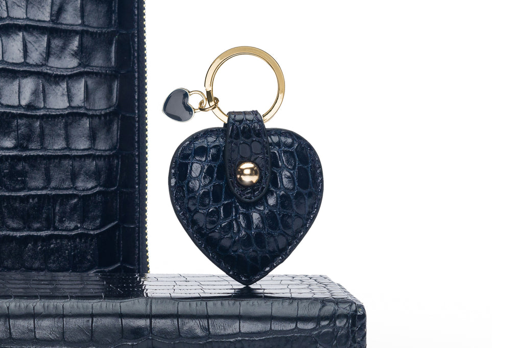 Heart shaped key ring, navy croc