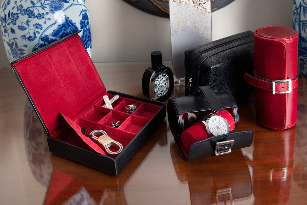 Leather accessory box, black with red