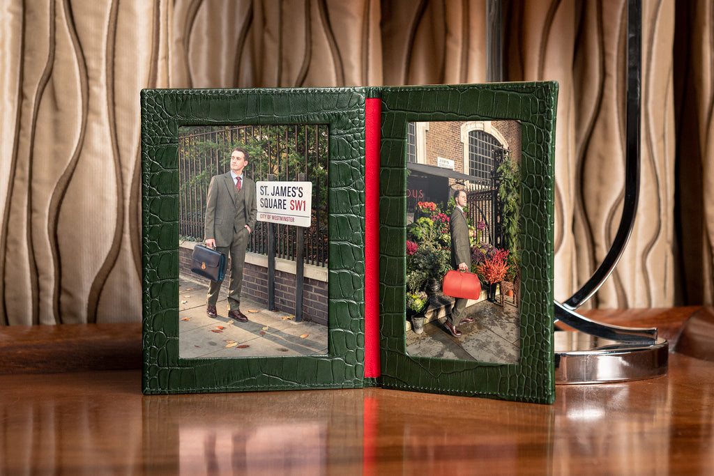 Double leather photo frame, green croc