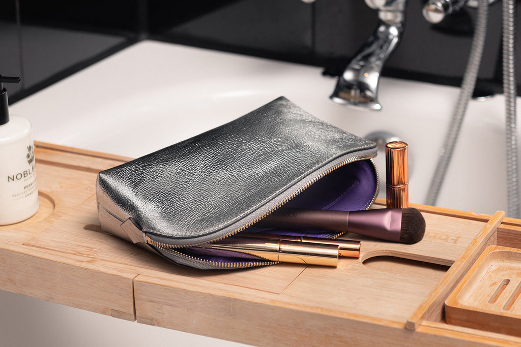 Leather cosmetic case, silver