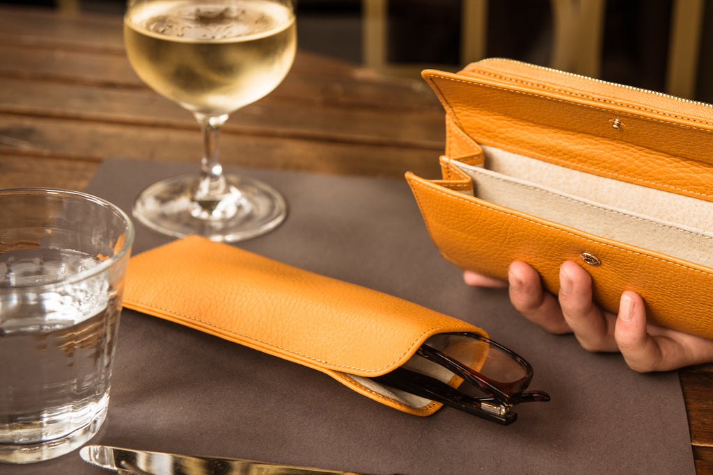 Large leather glasses case, yellow