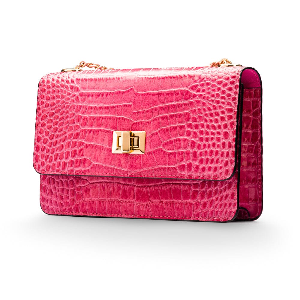 Mini Leather Chain Strap Bag, Pink Croc | Shoulder Bags | SageBrown