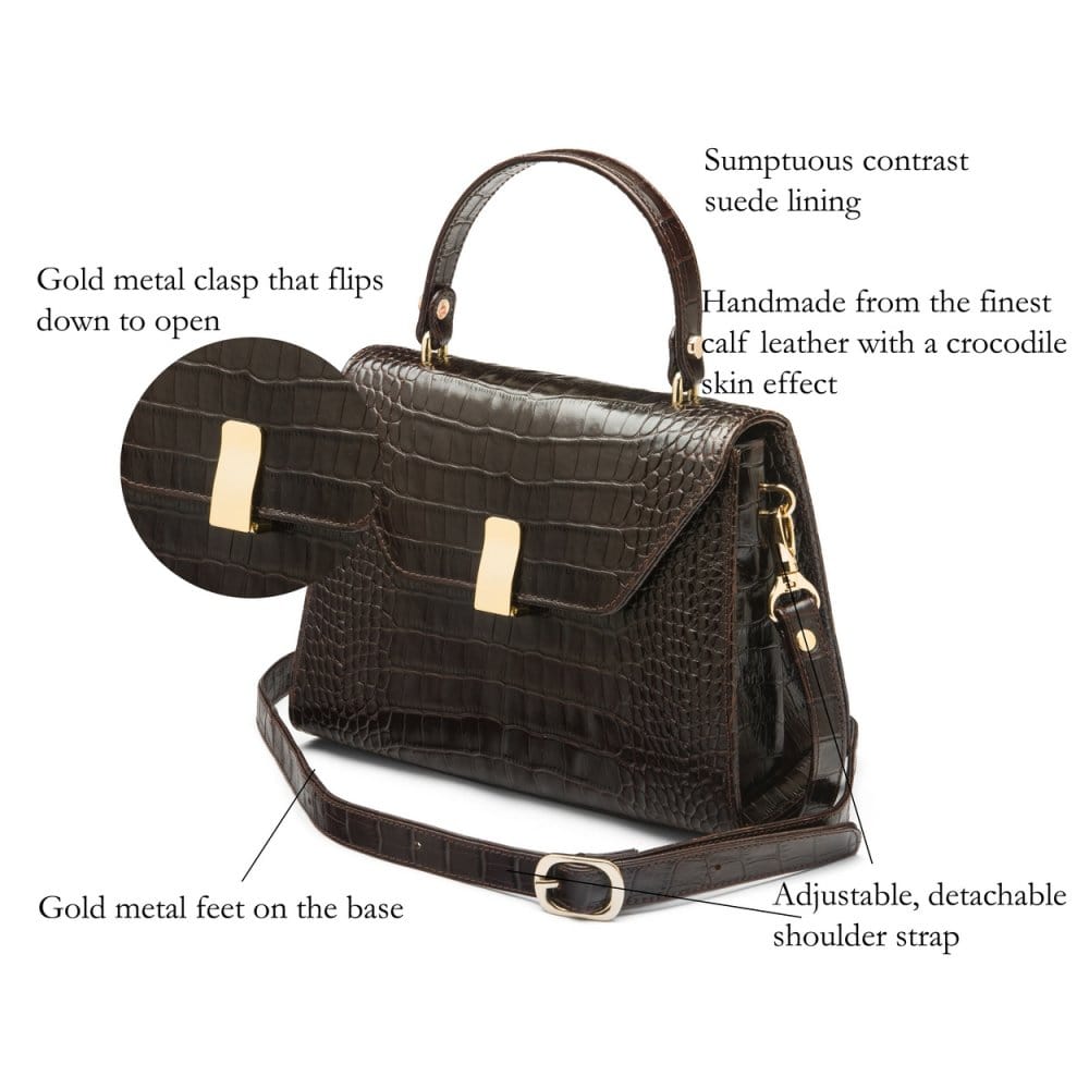 Sabrina Bag, Brown Croc | Top Handle Bag | SageBrown