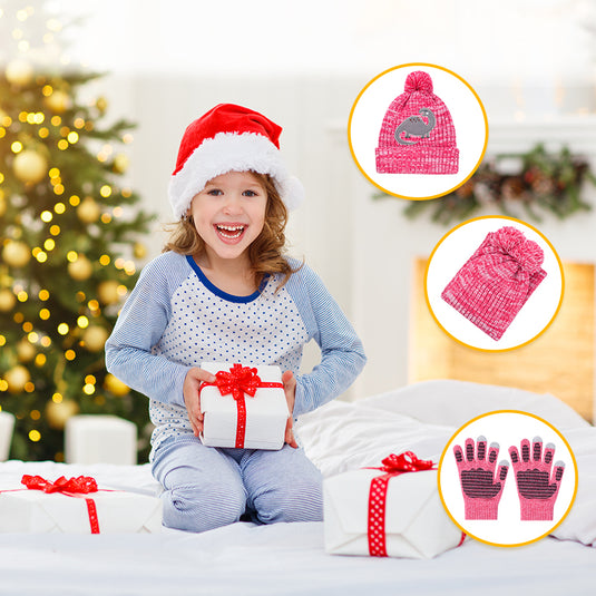 Kids Winter Knitted Touchscreen Gloves Fleece Lining Hat Scarf Set