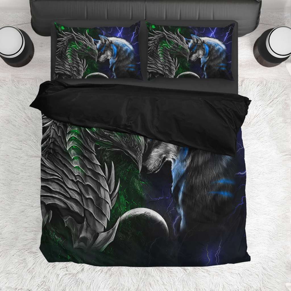 Green And Blue Dragon And Wolf - Dragon Bedding Set 0921