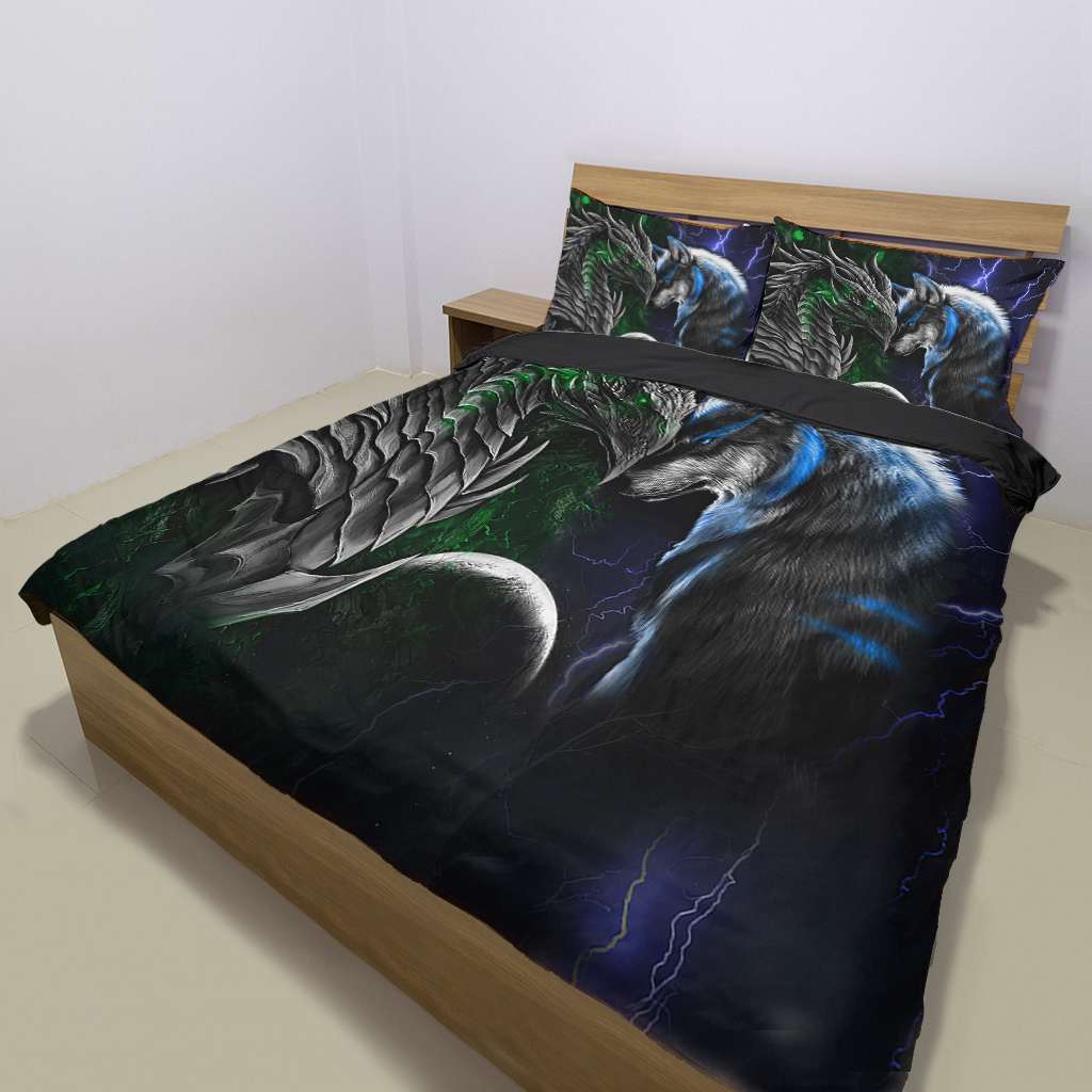 Green And Blue Dragon And Wolf - Dragon Bedding Set 0921