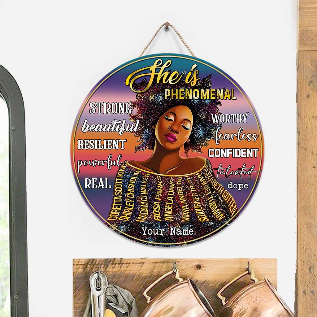 She Is Phenomenal - Personalized African American Round Wood Sign