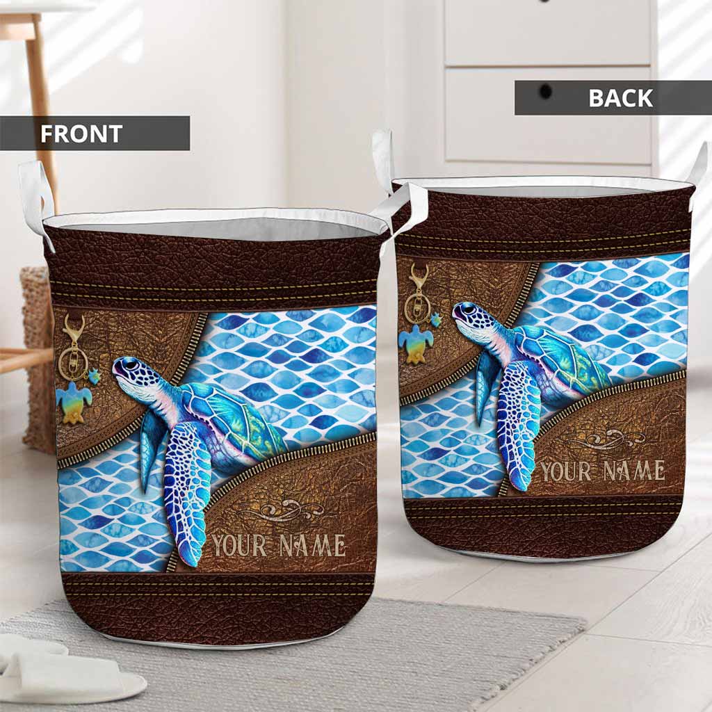 Salty Lil' Beach - Turtle Personalized Leather Pattern Print Laundry Basket
