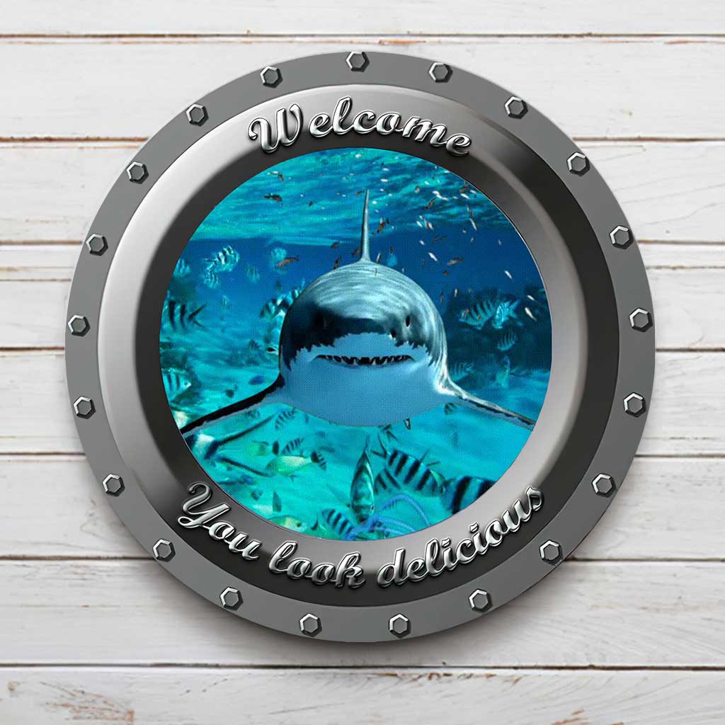 Shark 3D Porthole Round Metal Sign