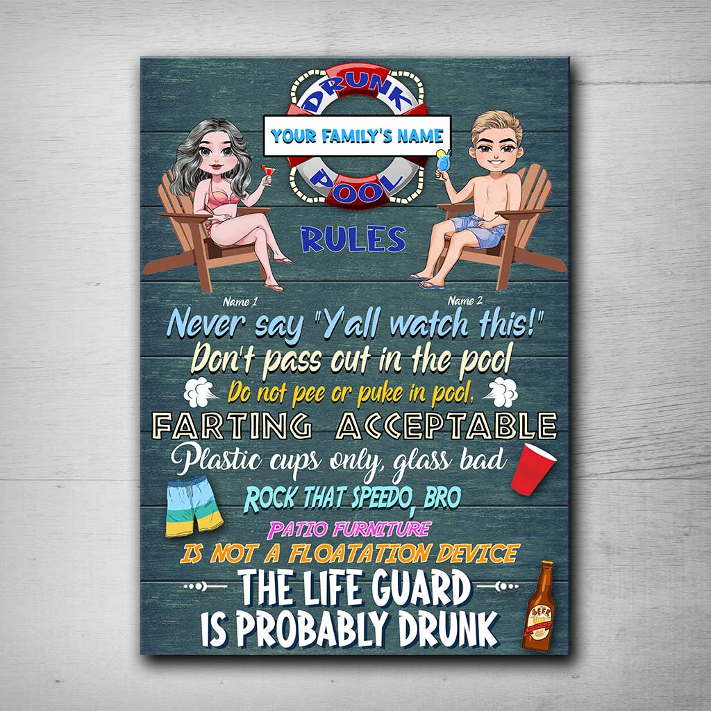 Drunk Pool Rules - Personalized Backyard Rectangle Metal Sign