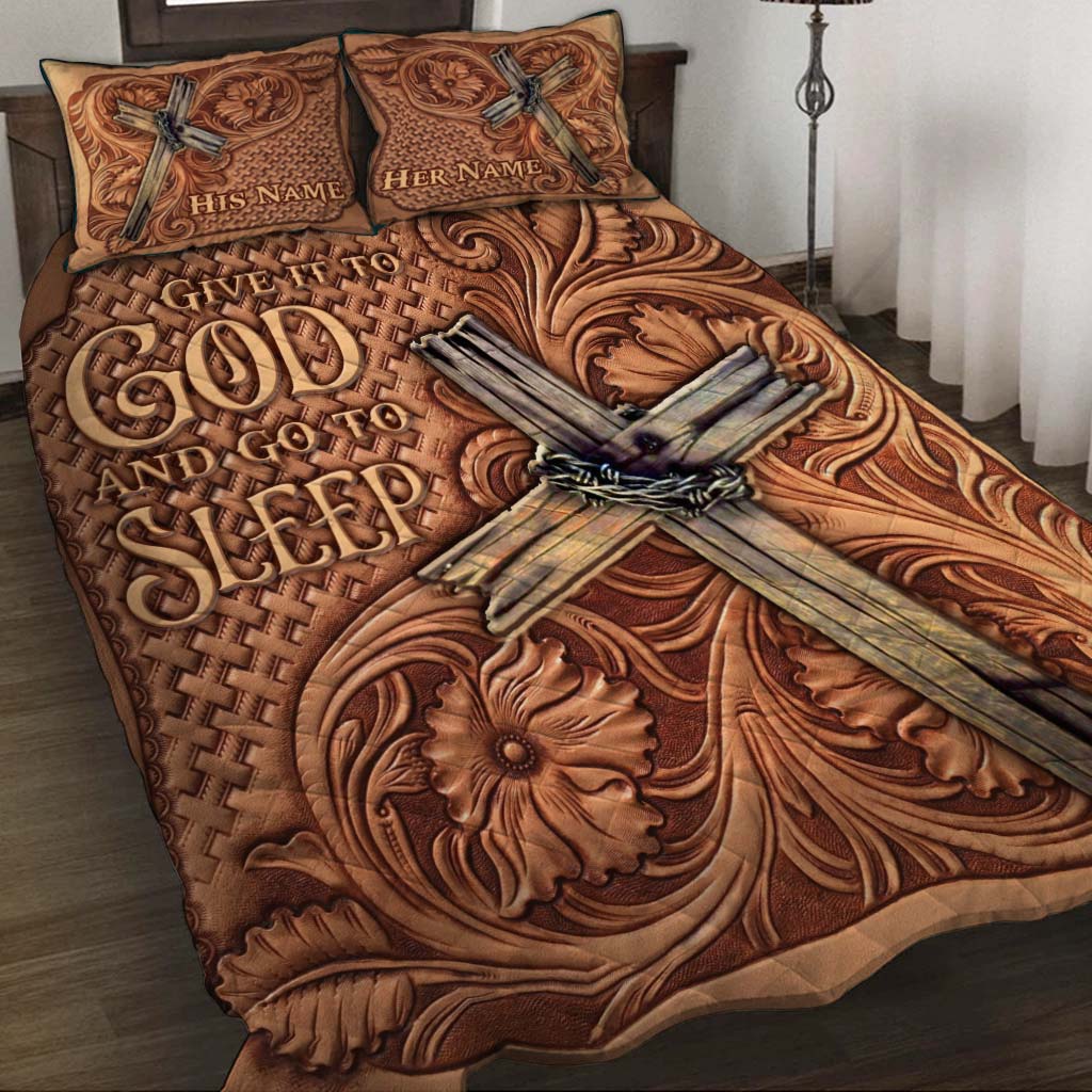 Give It To God -  Personalized Christian Quilt Set With Leather Pattern Print