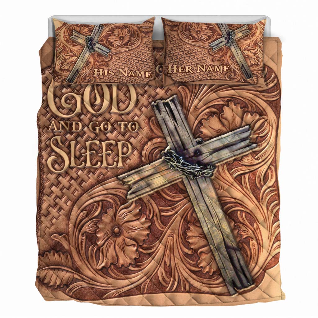 Give It To God -  Personalized Christian Quilt Set With Leather Pattern Print