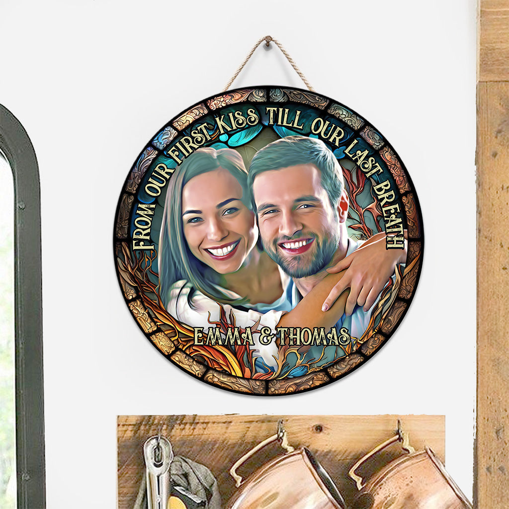 Stained Glass Couple - Personalized Couple Round Wood Sign