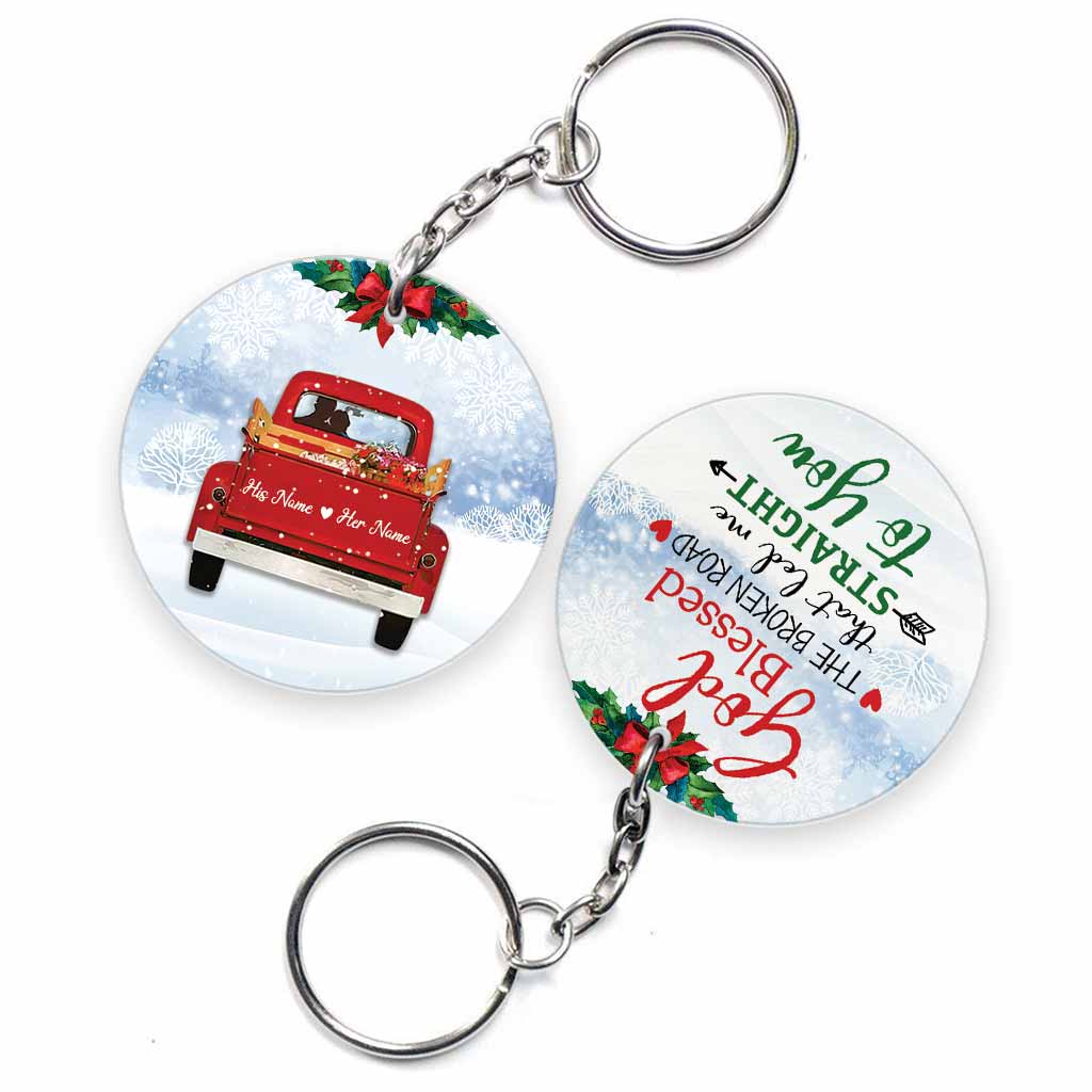 God Blessed The Broken Road - Personalized Couple Keychain (Printed On Both Sides)