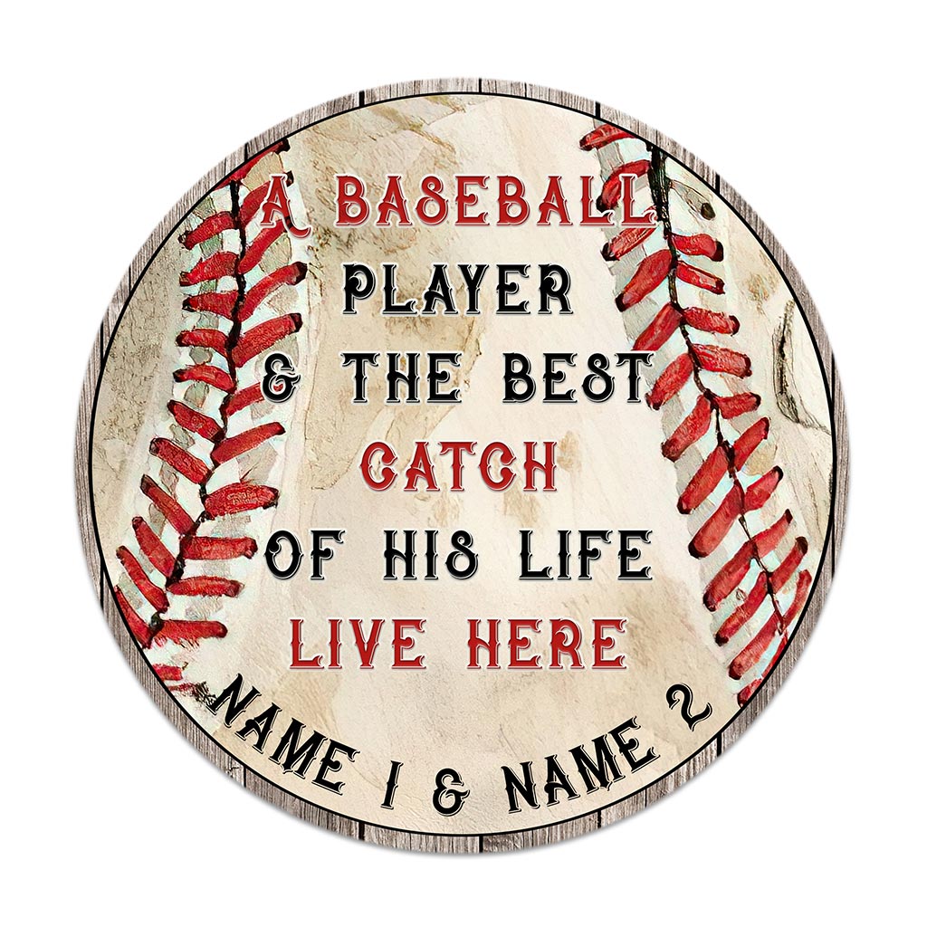 A Baseball Player Personalized Round Wood Sign