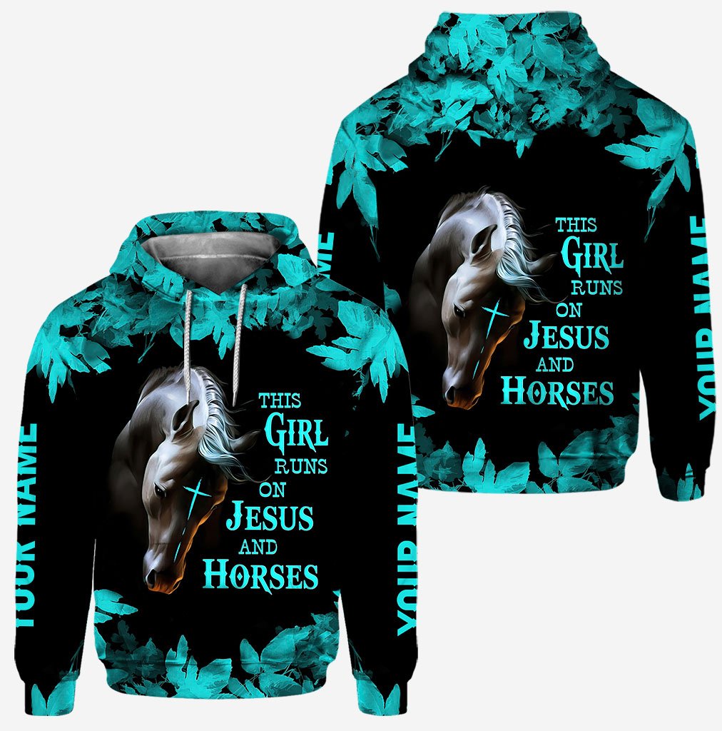 This Girl Runs On Jesus And Horses - Personalized Hoodie And Leggings