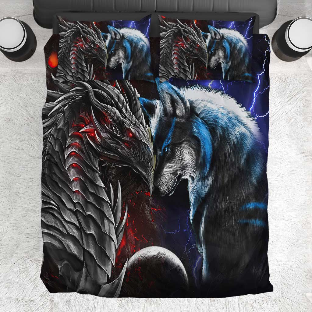 Red And Blue Dragon & Wolf - Bedding Set