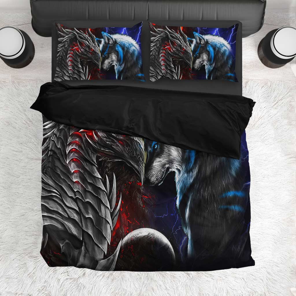 Red And Blue Dragon & Wolf - Bedding Set