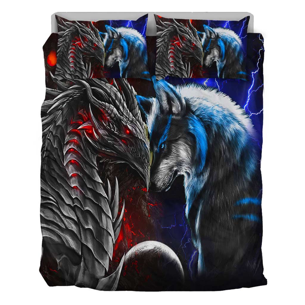 Red And Blue Dragon & Wolf - Bedding Set