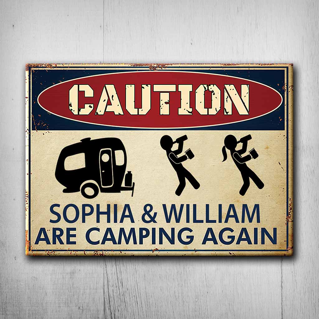 Caution Camping Again - Personalized Rectangle Metal Sign