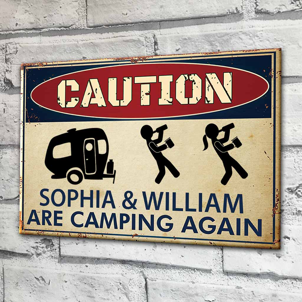 Caution Camping Again - Personalized Rectangle Metal Sign